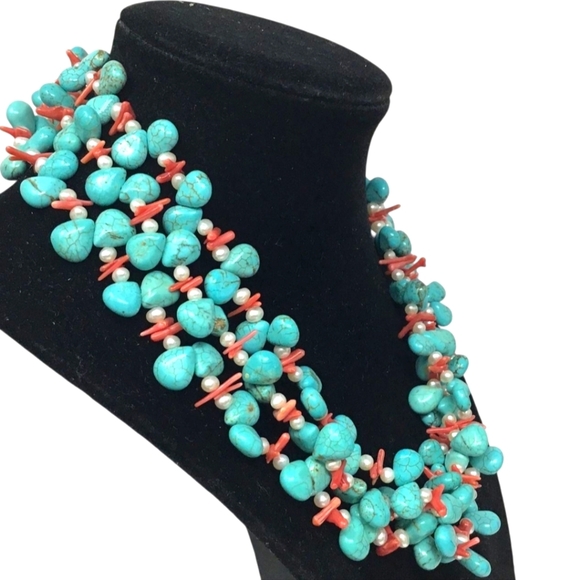 16" Turquoise, Coral & Pearl necklace on 925 Sterling Silver - Picture 3 of 8